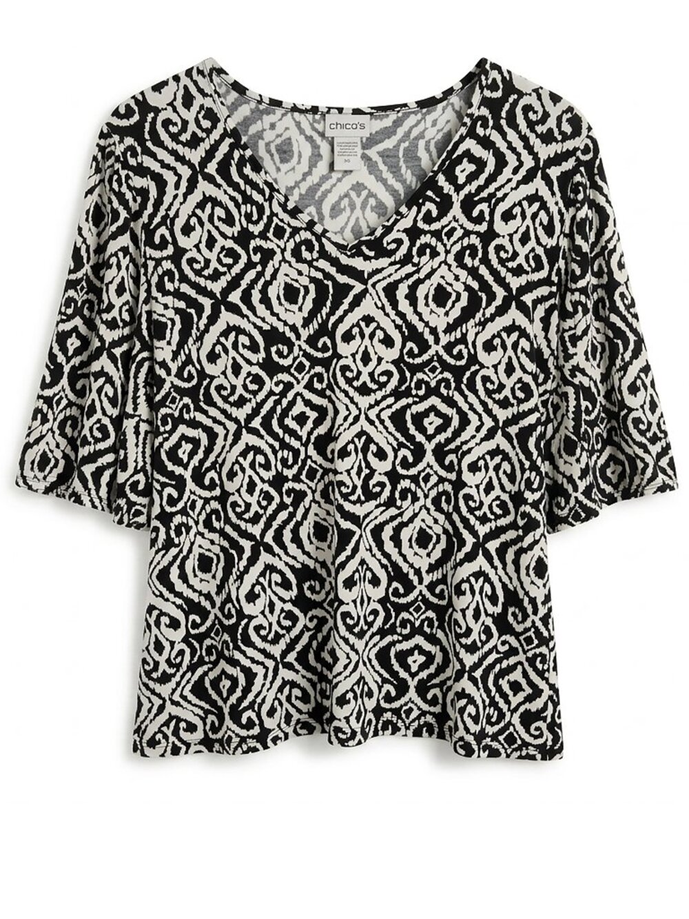 Chico’s Black & White Ikat Print Flutter Sleeve V-Neck Blouse - Size 1 (M)